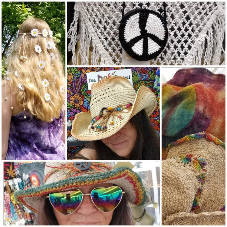Poncho Hippie psychédélique femme avec bandeau plumes