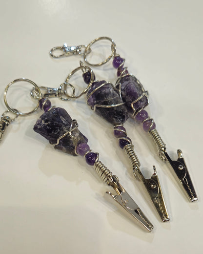 Amethyst wire wrapped roach clip with keychain 