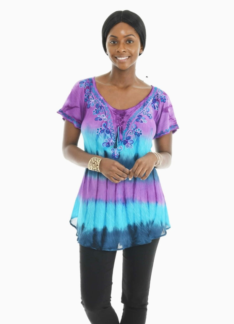 tie dye hippie shirt for women with embroidery in blue and purple
