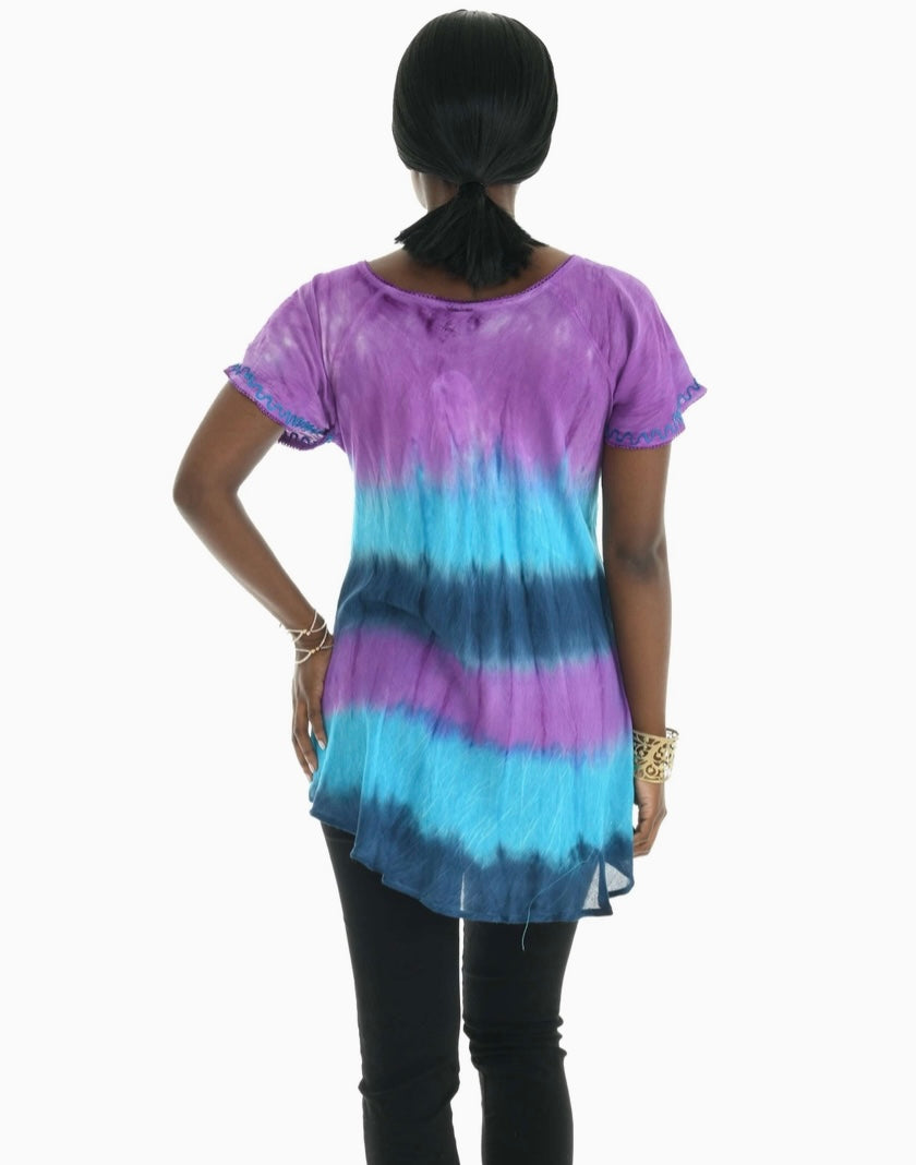 tie dye hippie shirt for women with embroidery in blue and purple back
