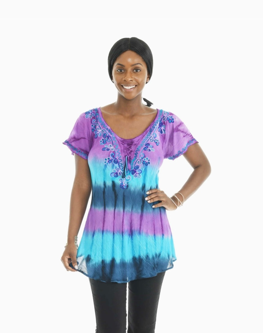 tie dye hippie shirt for women with embroidery in blue and purple front