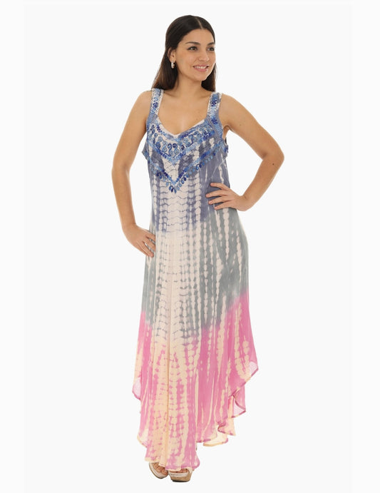 three color tie dye dress with embroidery