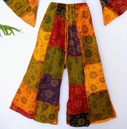 patchwork palazzo pants with suns, moons, stars and clouds
