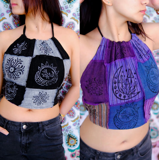 reversible patchwork halter top in black white combo and blue purple combo