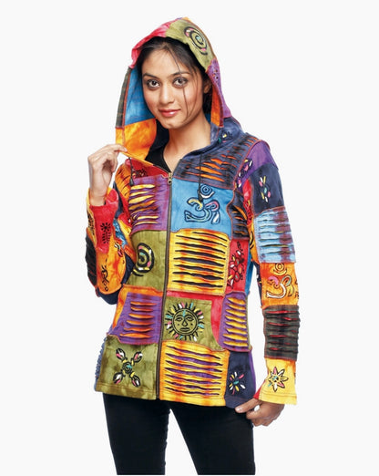 razor cut hoodie patchwork jacket in multi color with sun and om designs