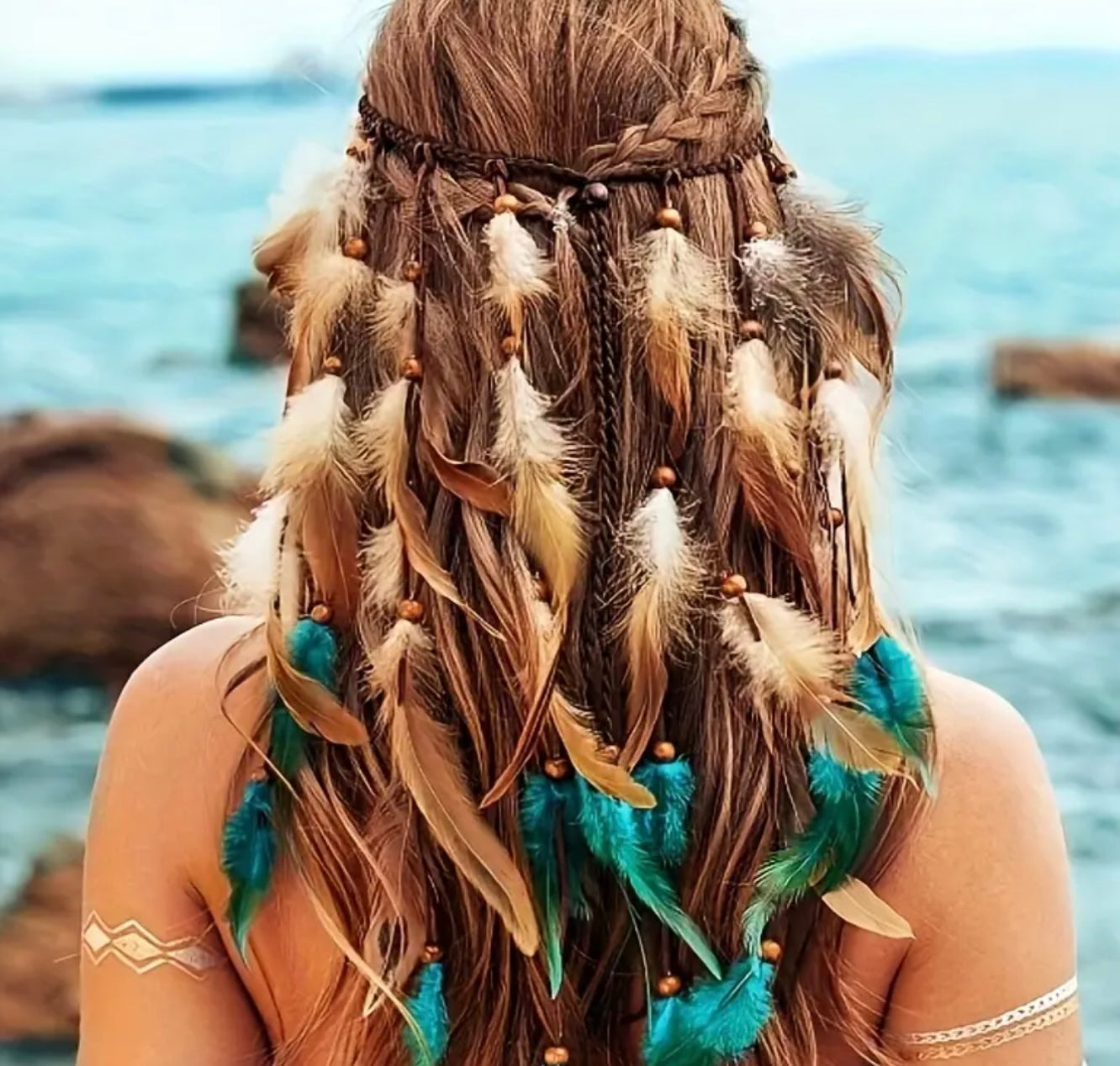 teal and brown feather headband