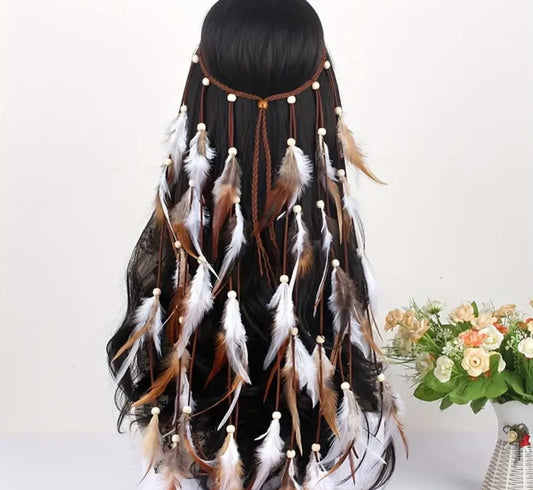 brown and white feather headband