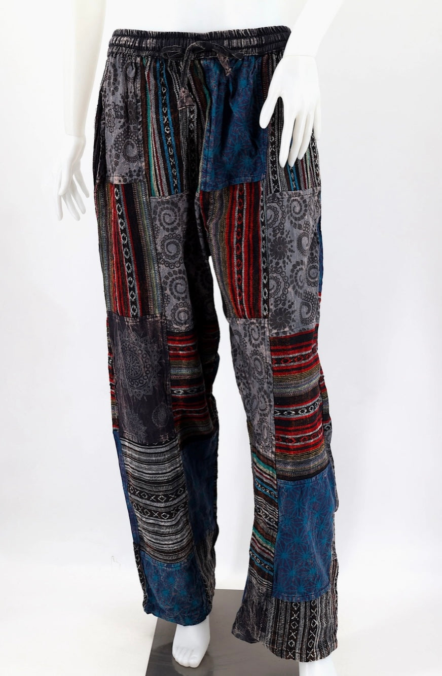 mens patchwork pants with drawstring and pockets front