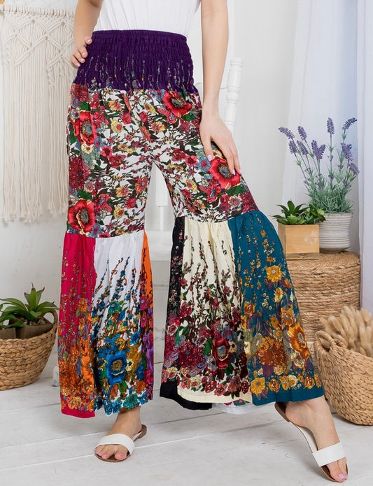 wide leg patchwork  boho pants with flowers front