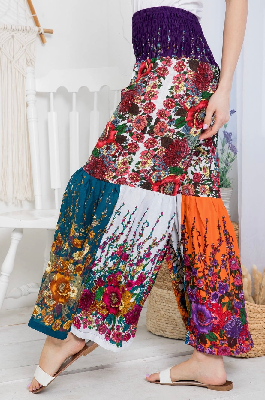 wide leg patchwork boho pants with flowers side