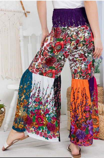 wide leg patchwork boho pants with flowers back