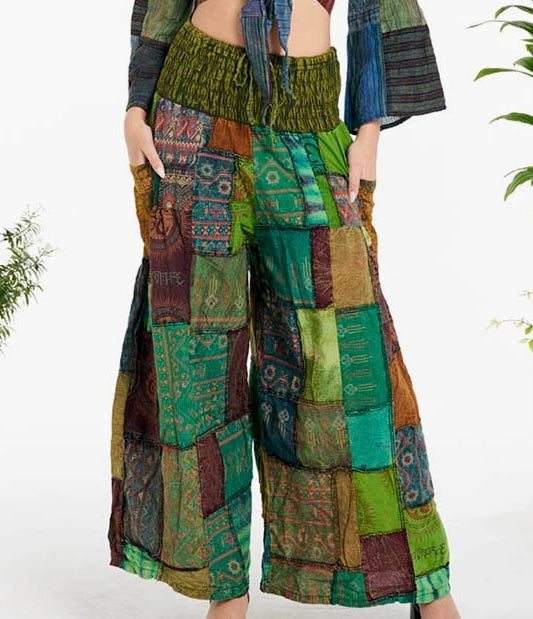green wide leg patchwork boho hippie pants