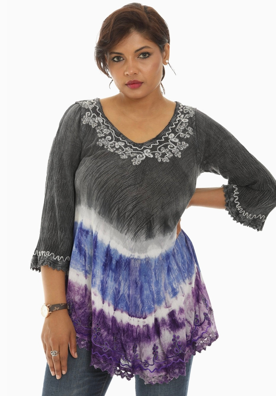 womens tie dye hippie shirt with embroidery in black blue and purple front