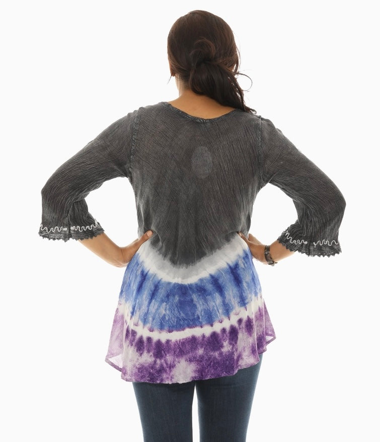 womens tie dye hippie shirt with embroidery in black blue and purple back