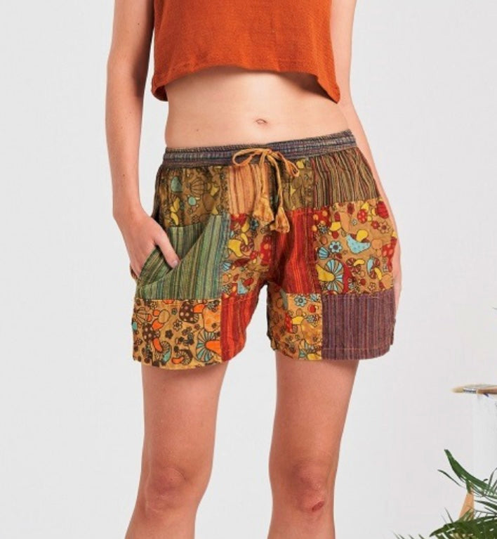 orange mushroom patchwork shorts front