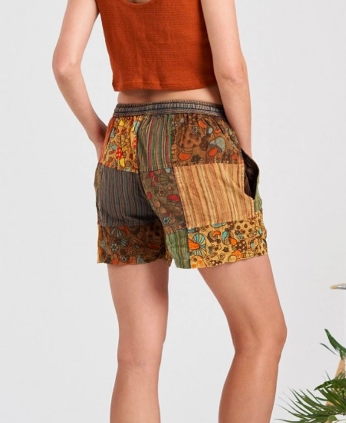 orange mushroom patchwork shorts back
