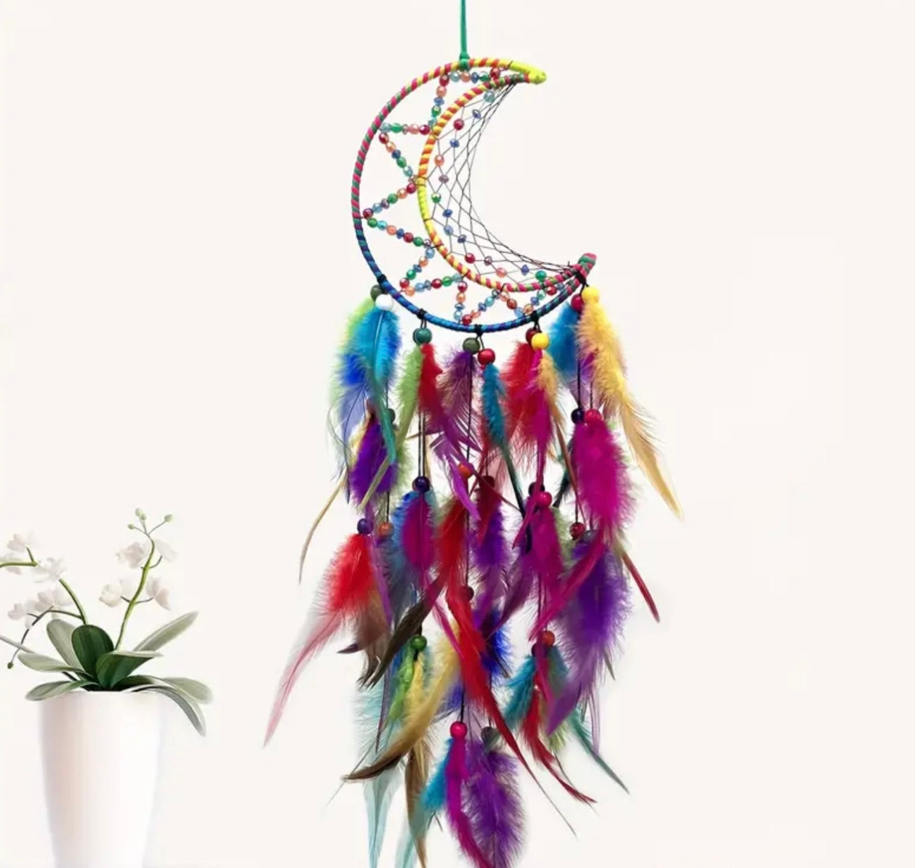 multi color crescent moon dream catcher with feathers