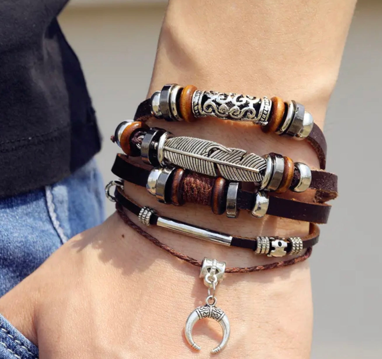 mens layered bracelet with feather