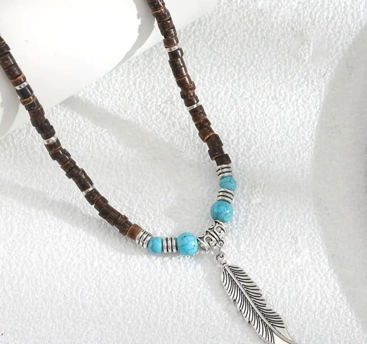 mens beaded necklace with feather charm