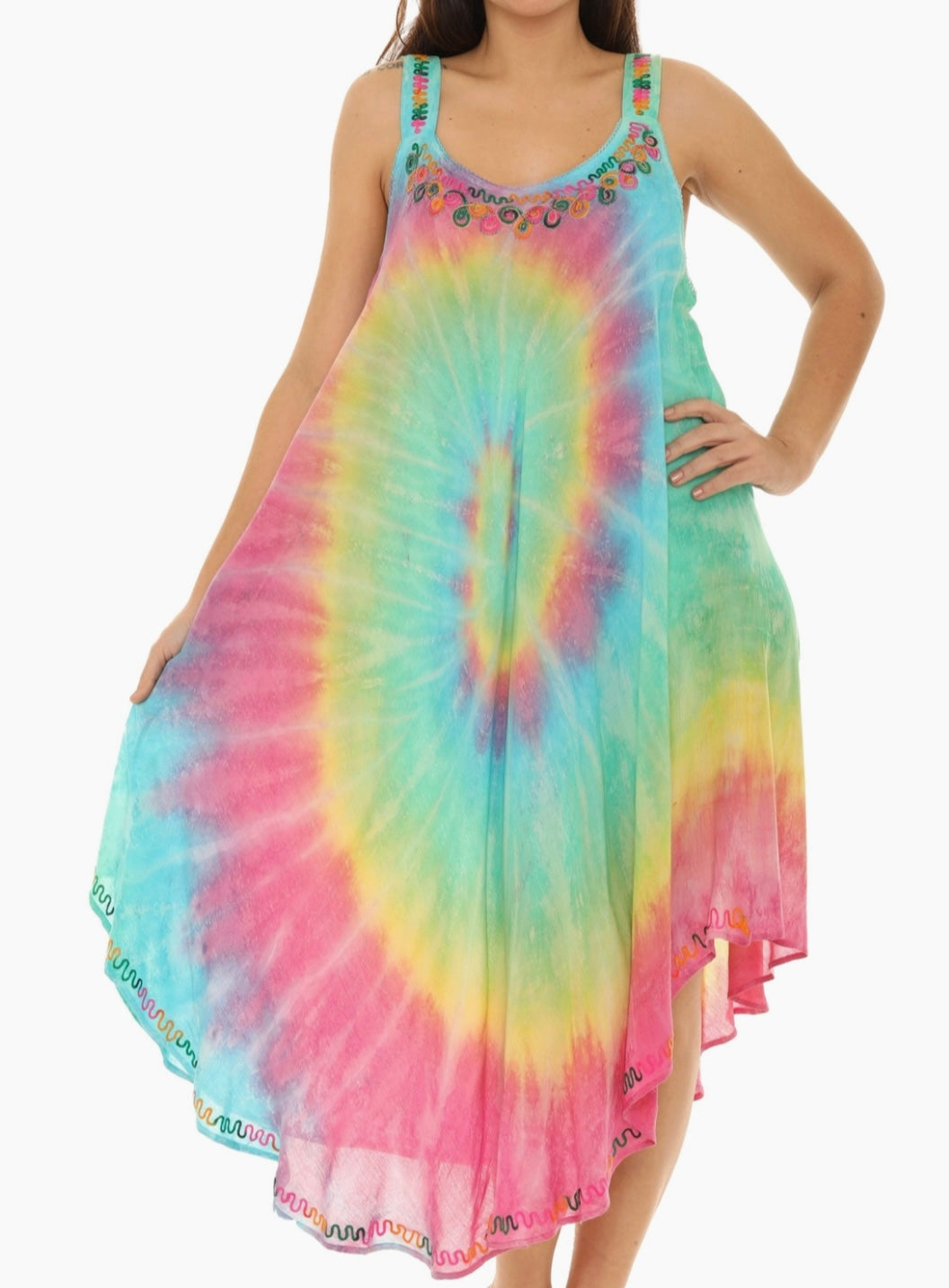 multi color tie dye dress sleeveless with wide straps 