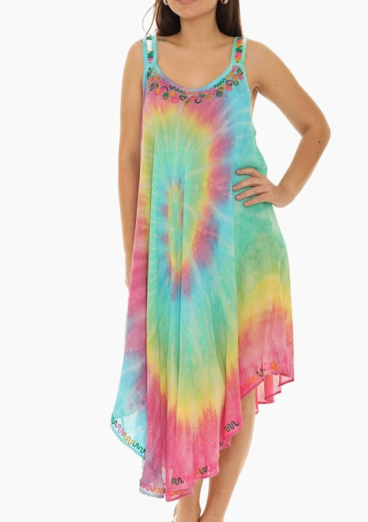 multi color tie dye dress sleeveless with wide straps front
