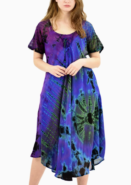 tie dye midi dress with cap sleeve purple 