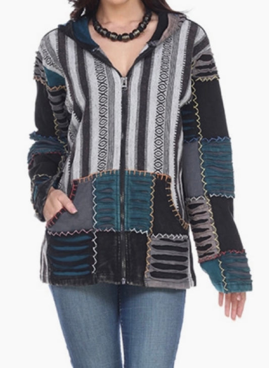 black and blue patchwork jacket with hood front