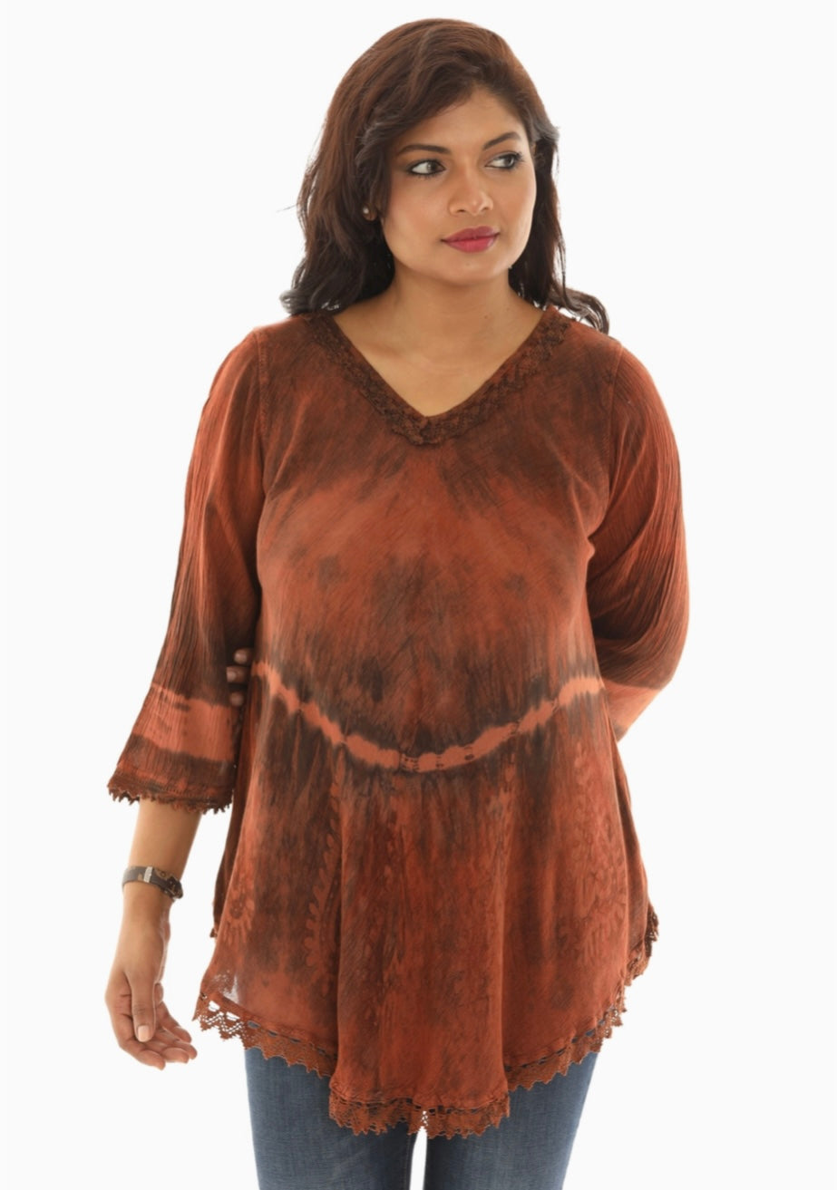 Rust Tie Dye V Neck Top