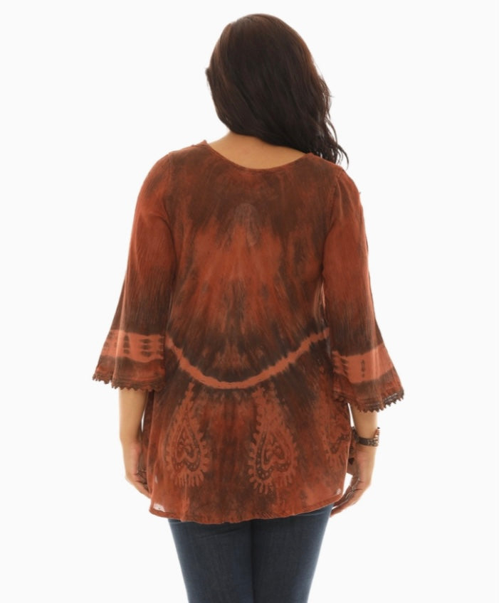 Rust Tie Dye V Neck Top