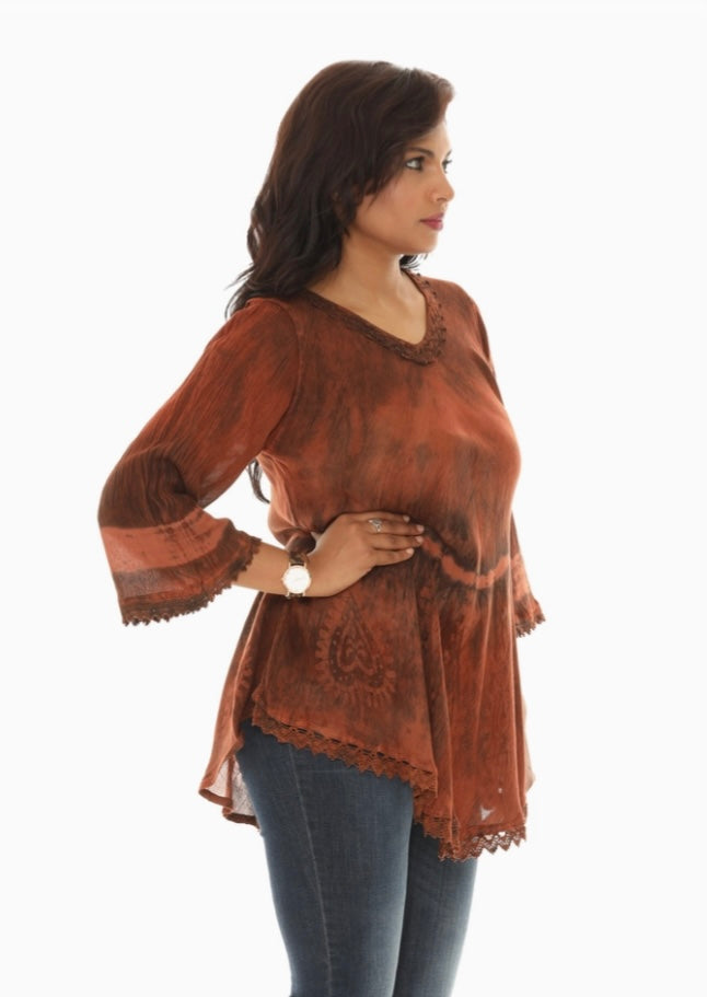 Rust Tie Dye V Neck Top