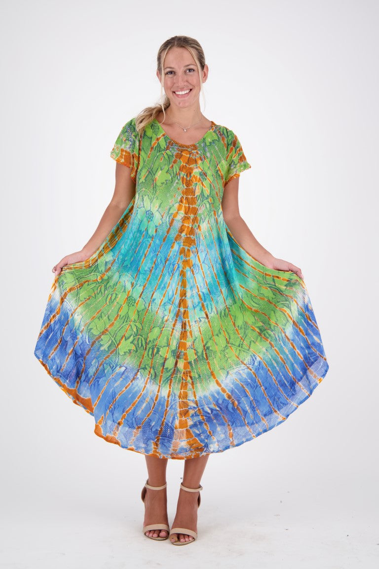 orange blue and green tie dye dress