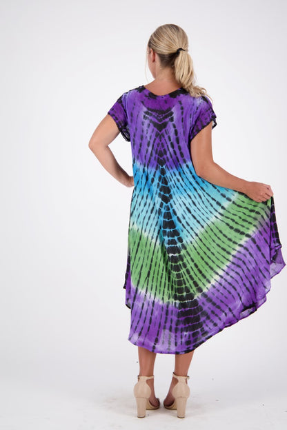 purple blue and green tie dye dress back