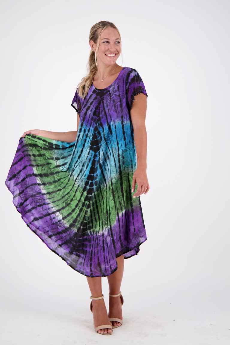 purple blue and green tie dye dress front