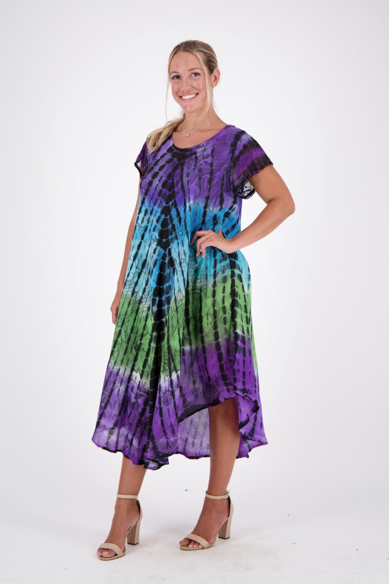 purple blue and green tie dye dress front