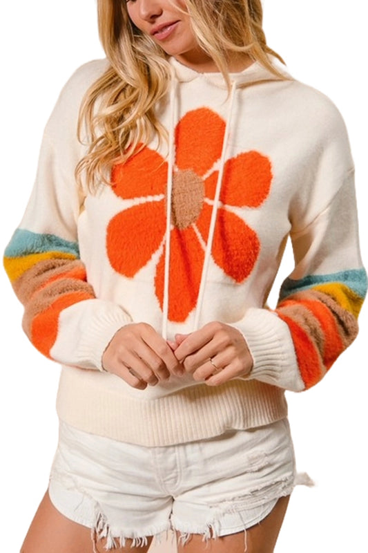 flower hoodie sweater with striped sleeves front view