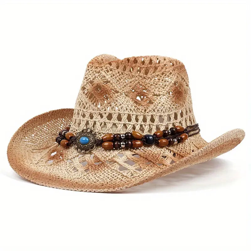 khaki boho hippie cowboy hat with beaded headband and medallion