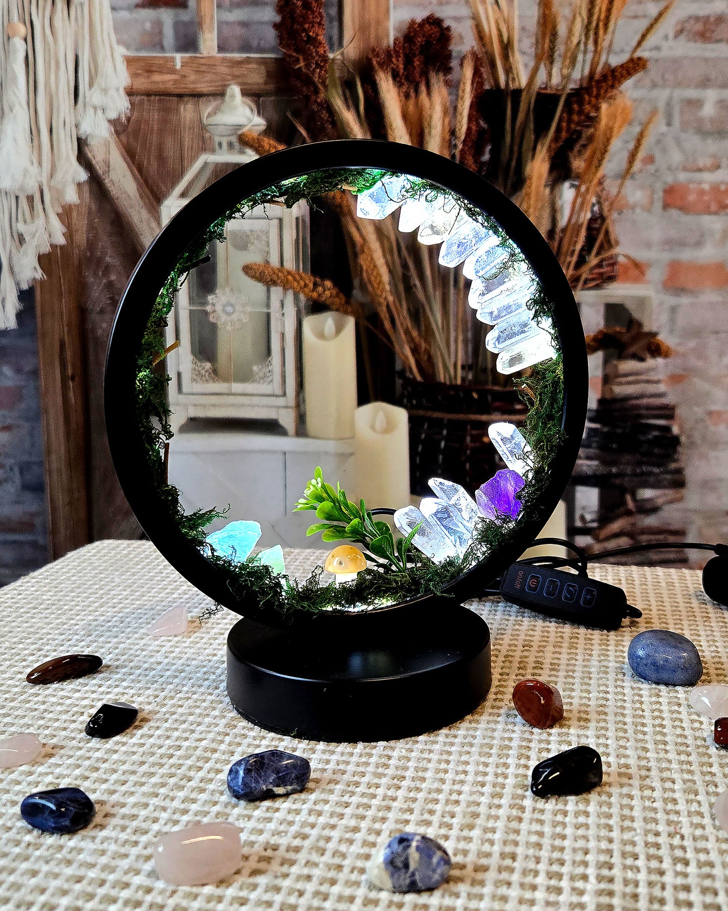 LED night light table lamp with quartz crystals for boho hippie home décor