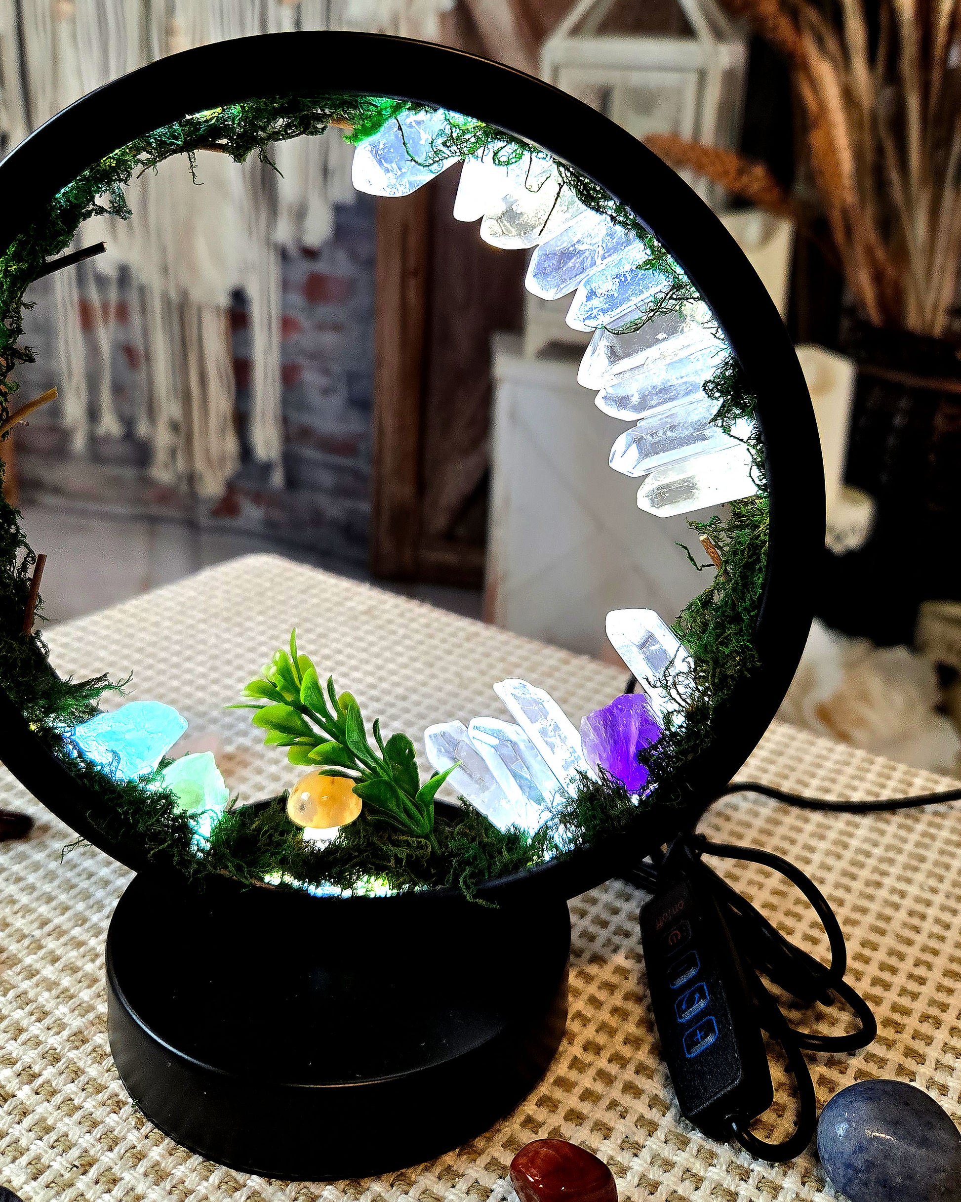 LED night light table lamp with quartz crystals for boho hippie home décor