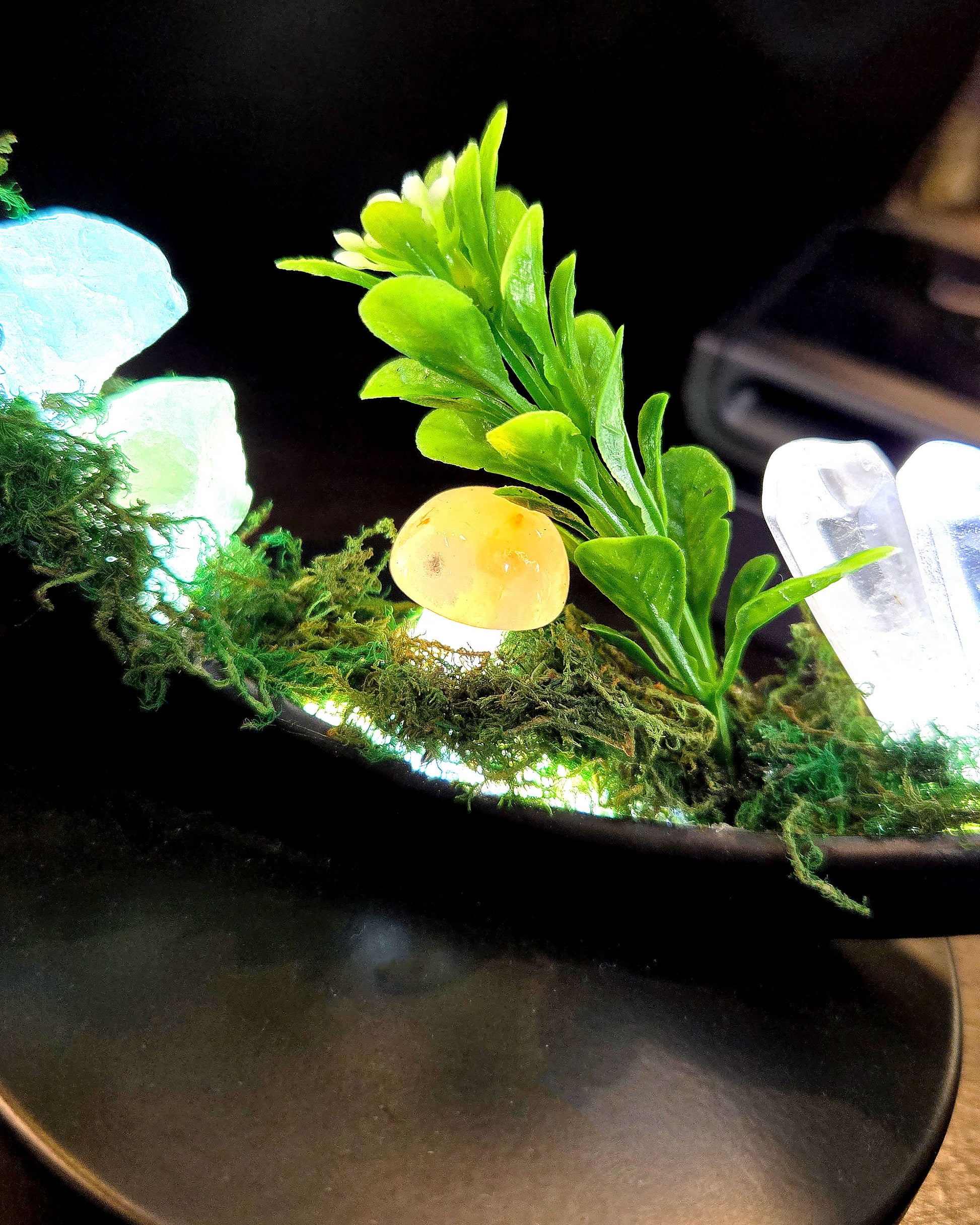 close up of mushroom stone on LED night light table lamp with quartz crystals