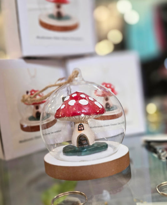 Mushroom House Glass Dome Ornament