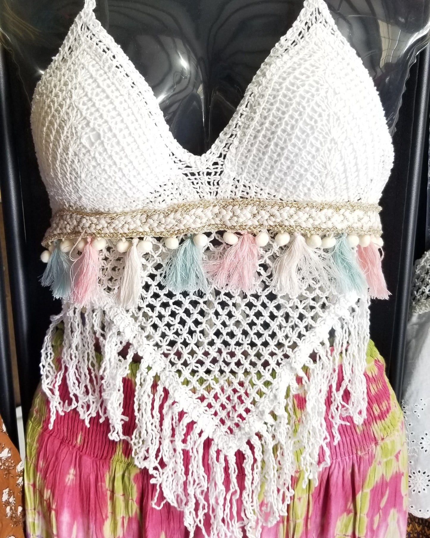 white crochet halter top with pink blue tassels the boho hippie hut