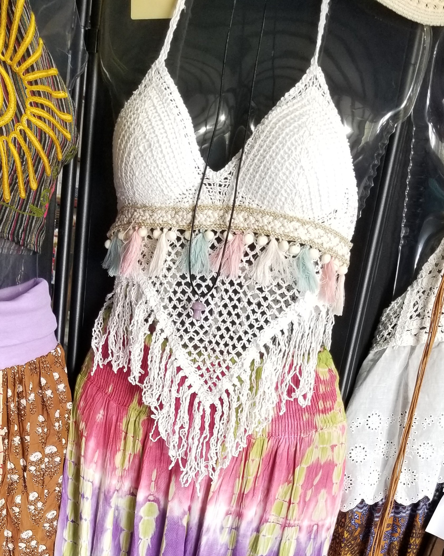 white crochet halter top with pink blue tassels the boho hippie hut