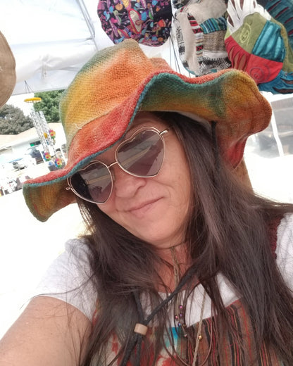 rainbow colored jute wired brim hippie hat with strap