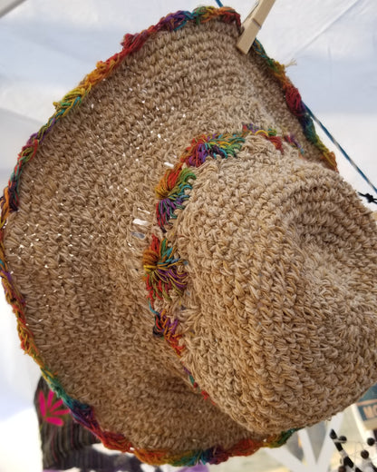 hemp and cotton natural with rainbow colors wired brim crochet boho hippie hat 