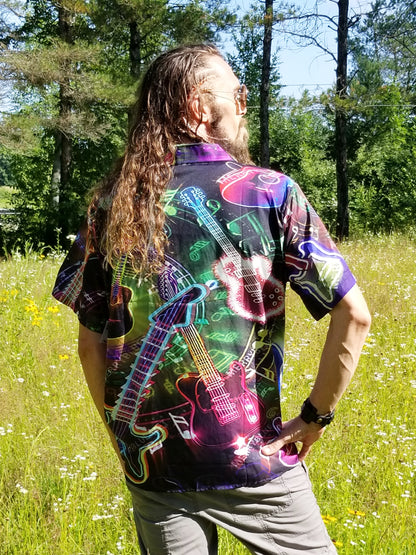 back of mens guitar button up shirt at the boho hippie hut midland michigan
