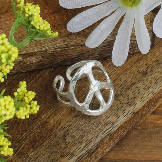 silver peace sign ring adjustable at the boho hippie hut midland michigan