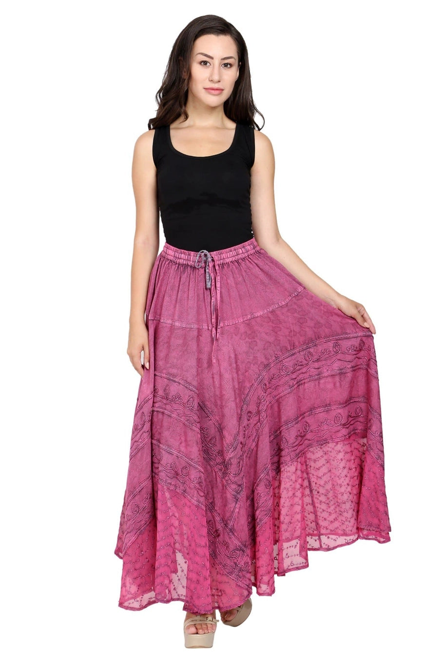 pink acid wash long tie dye skirt