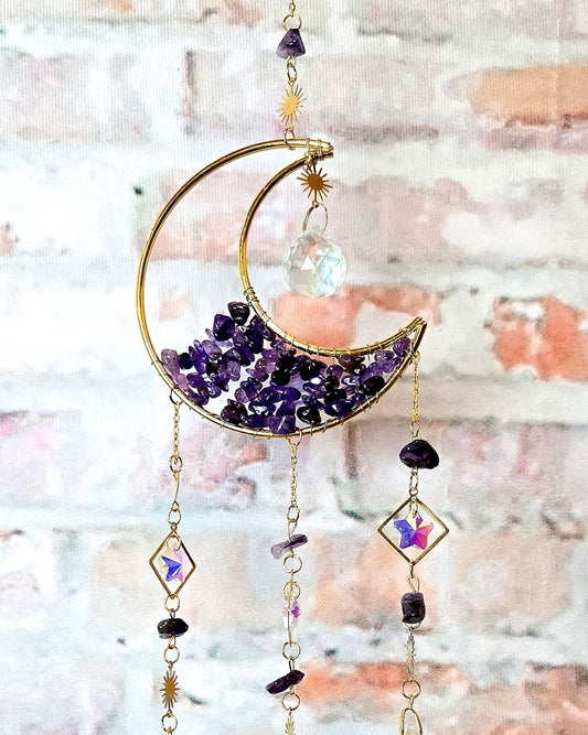 boho hippie decor amethyst crescent moon suncatcher with crystals