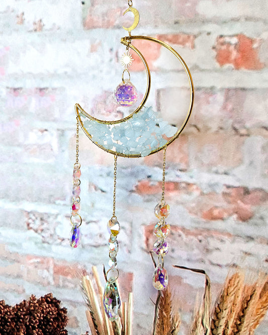 boho hippie home décor aqua marine crescent moon suncatcher with crystals