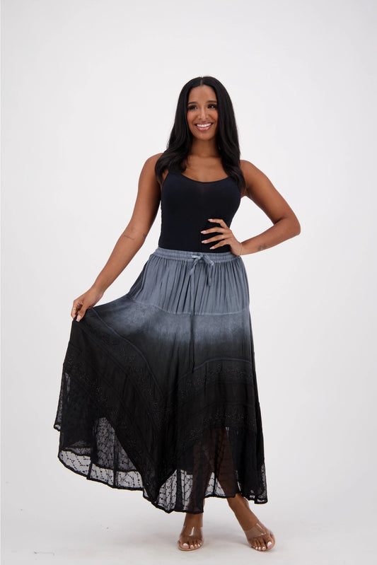 midi length black Ombre tie dye boho skirt